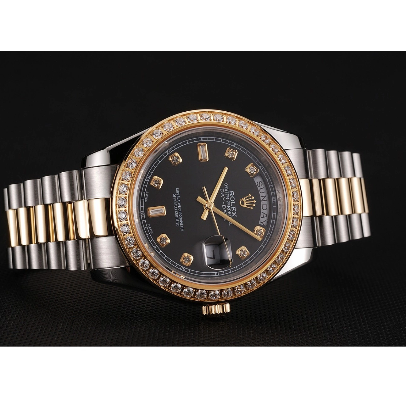 AAA Replica Watches Steel Swiss Tone Bracelet Stainless Day-Date Black 1453976 Gold Dial Case Diamond Rolex Two 0726